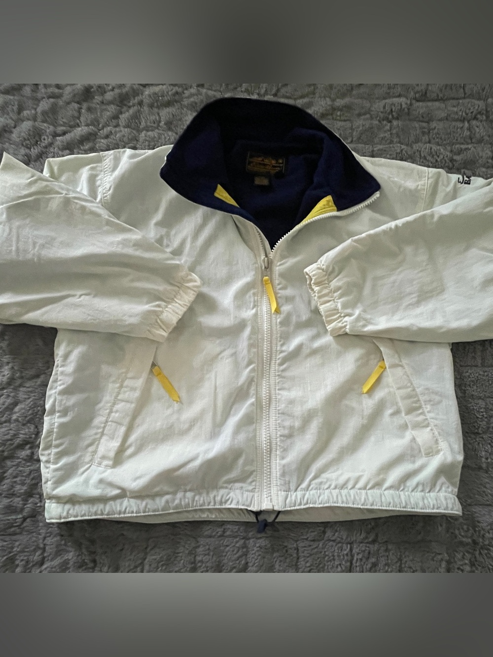 Eddie Bauer White Women’s Vintage Jacket with Navy Collar and Yellow Accents